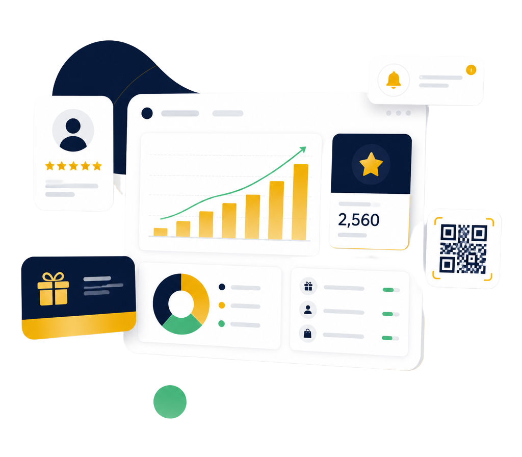 Illustration of a hand holding a local shop with a growth chart and customer icons