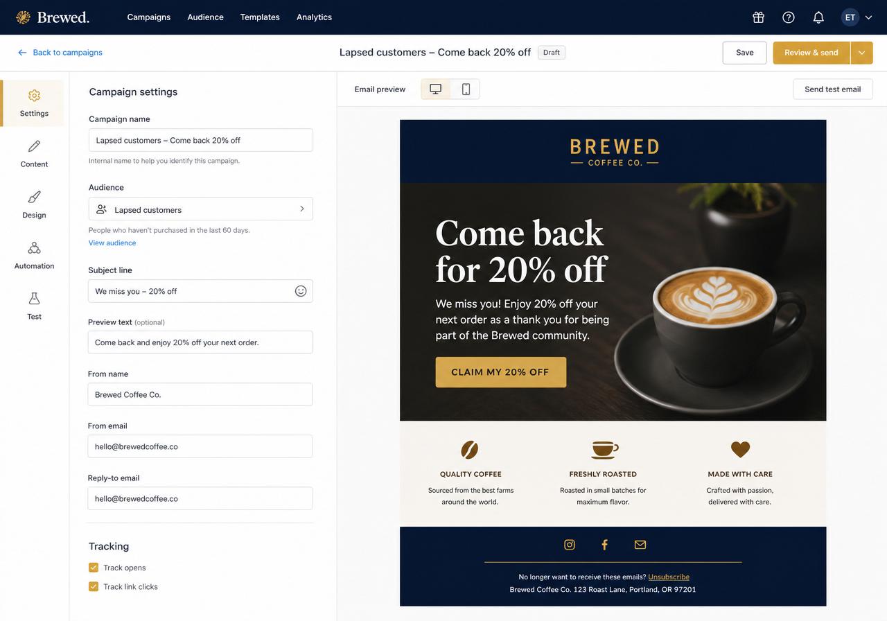 Email campaign builder with a live preview of a designed win-back email