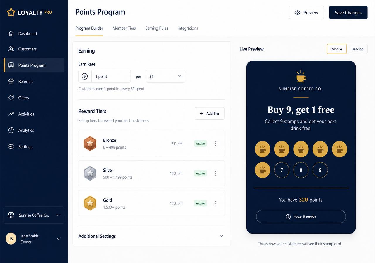 Points program builder with reward tiers and a live stamp card preview